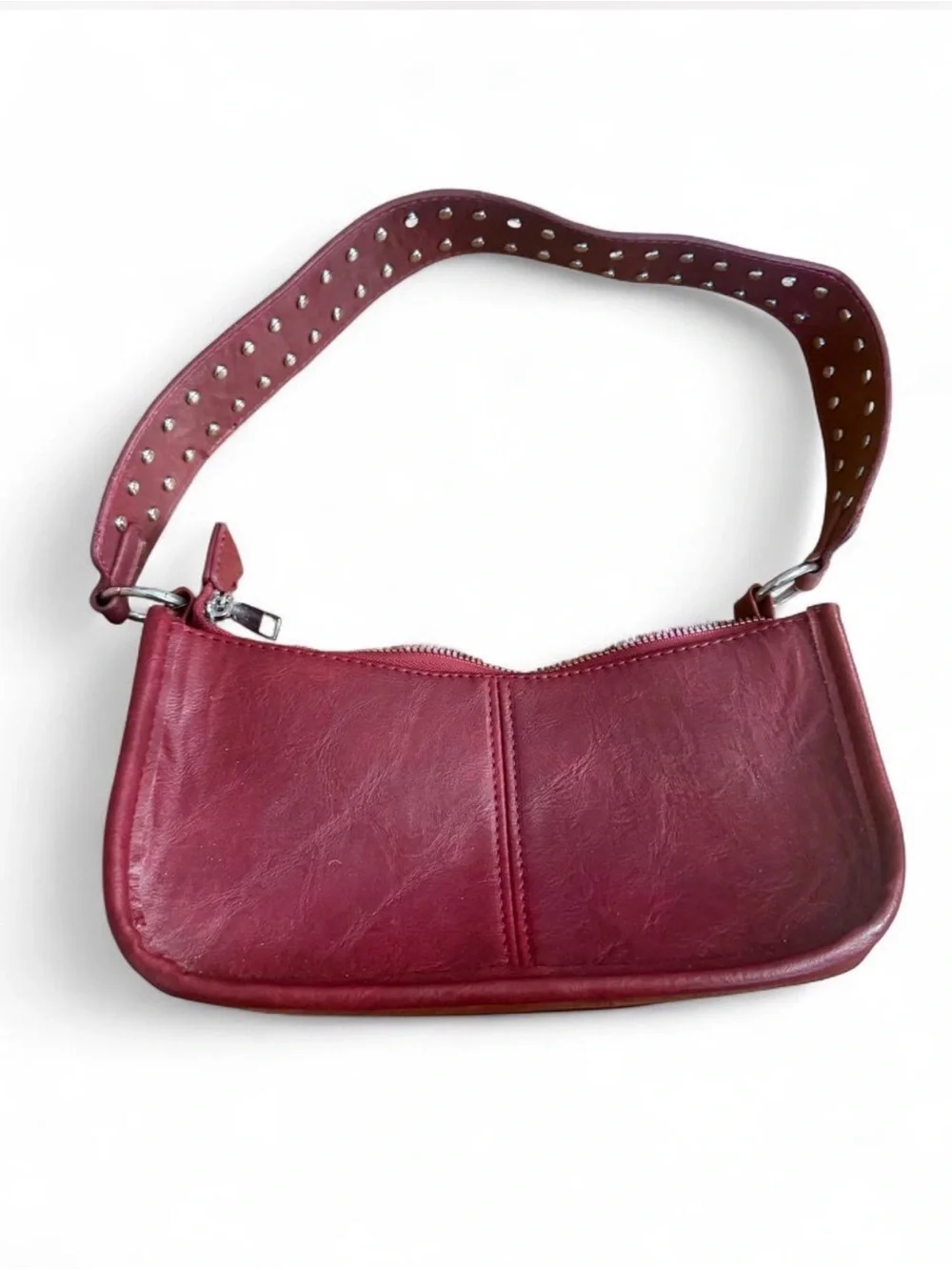 Studded Strap Burgundy Leather Shoulder Bag